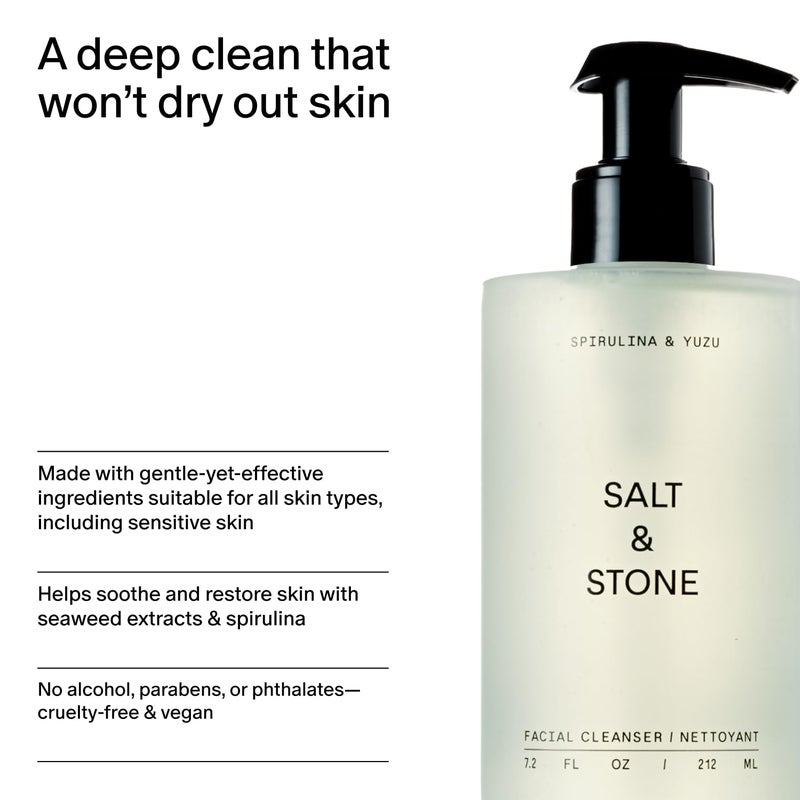 Salt & Stone Facial Cleanser for Women & Men, Spirulina & Yuzu Gentle Facial Wash with Hyaluronic Acid, Squalane, For All Skin Types, Vegan, Cruelty Free, 7.2 oz - Image 3