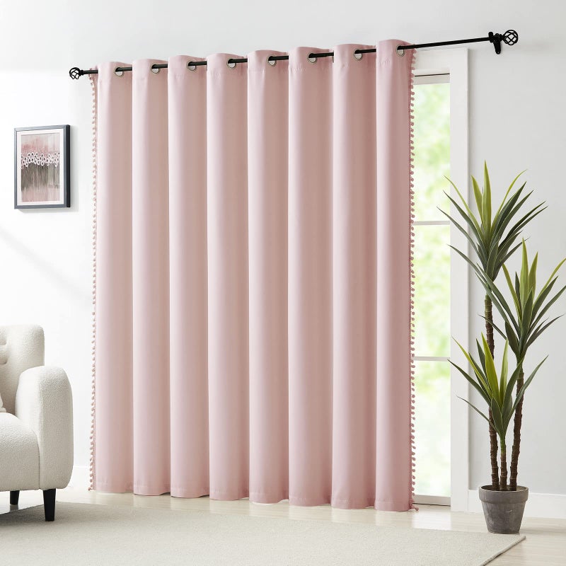 Treatmentex Pink Sliding Door Curtains 84inch Length 100% Blackout Extra Wide Pom Pom Curtain Panels Sliding Glass Door Curtains Thermal Insulated Patio Door Curtains for Kids Nursery Room W100 1 pc Blush Pink - Image 1
