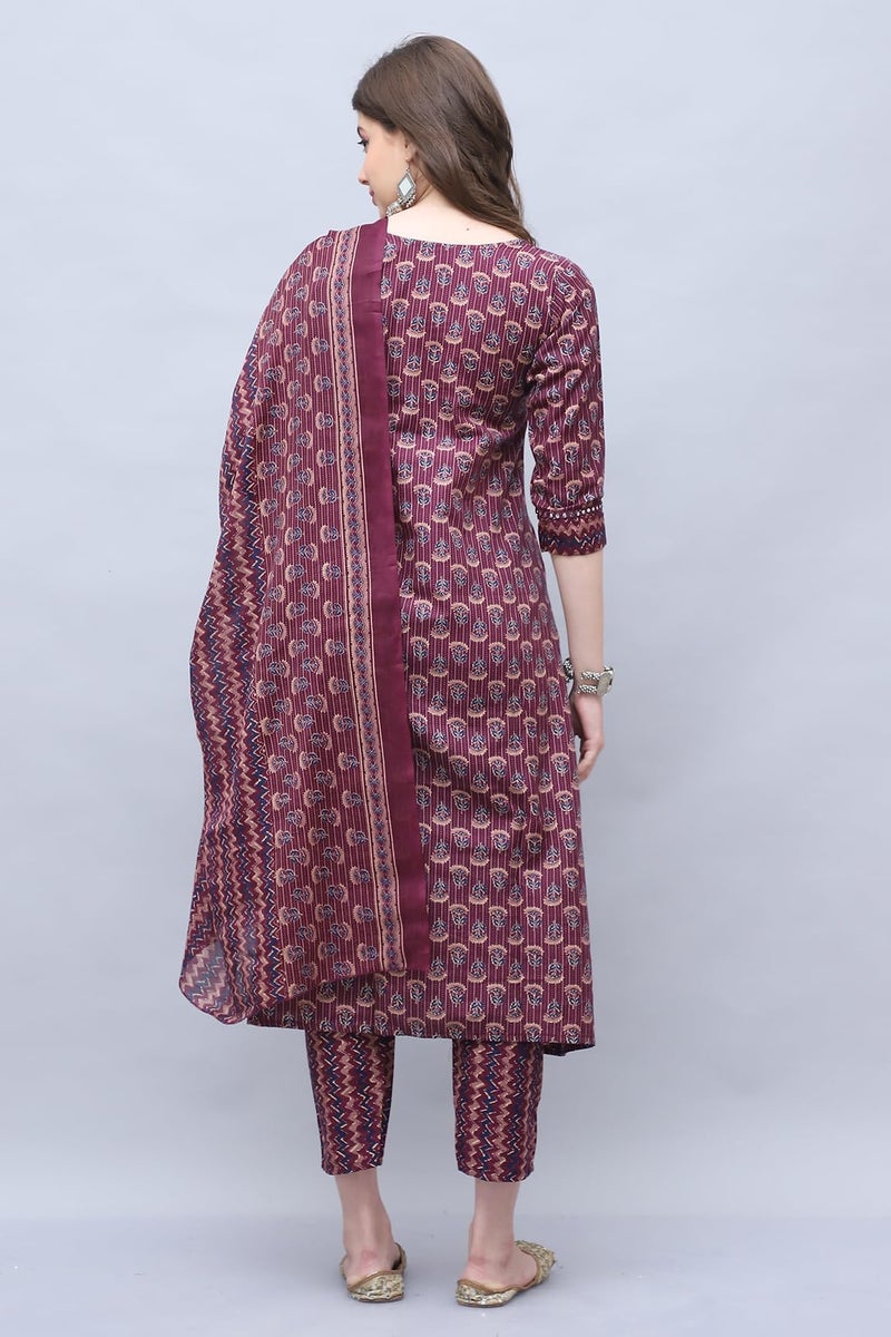 Rajnandini Women's Cotton Blend Jaipuri Printed Kurta & Pant with Dupatta (JOPLST218-4XL_Wine & Beige_4XL) - Image 2