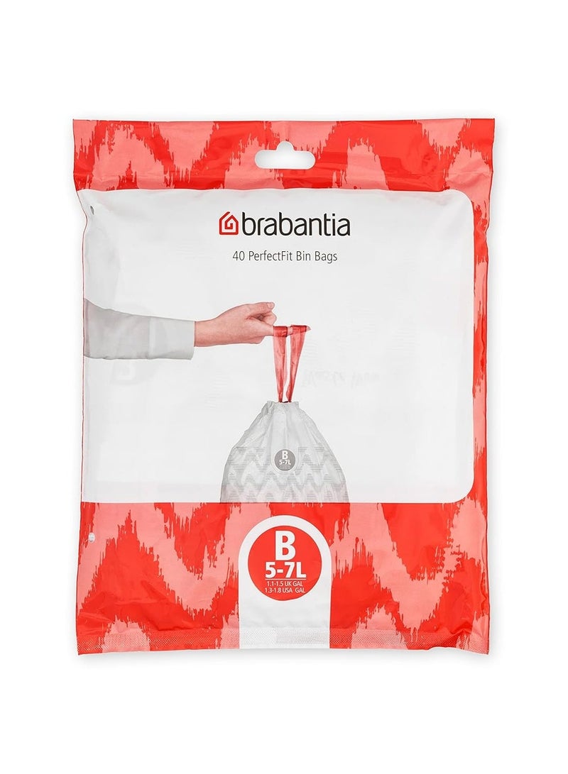 برابانتيا Brabantia PerfectFit أكياس نفايات مقاس B (5–7 لتر) – 40 كيس، أكياس قمامة بلاستيكية سميكة مع رباط شد، أبيض - Image 1