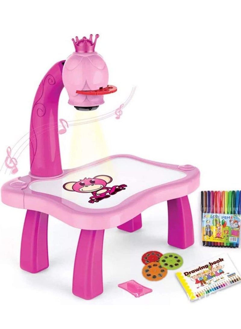 Child Learning Desk With Smart Projector Kids Painting Table Toy With Light Music Children Educational Tool Drawing Table (pink) - Image 1