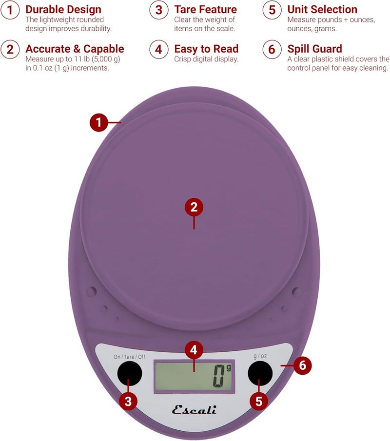 Escali Primo Digital Food Scale Multi-Functional Kitchen Scale and Baking Scale for Precise Weight Measuring and Portion Control, 8.5 x 6 x 1.5 inches, Lavender - Image 2