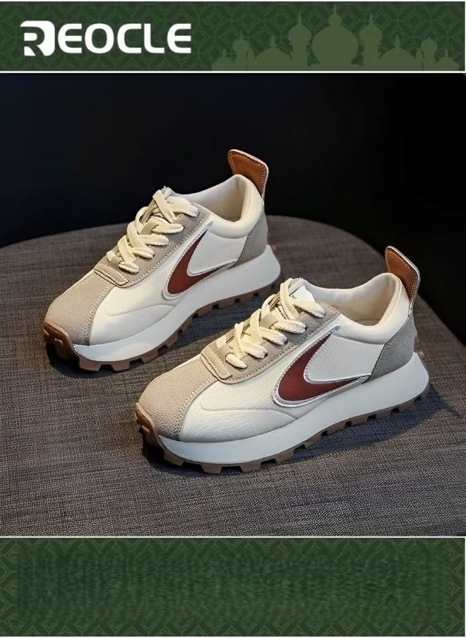 REOCLE Women's Casual Lace-Up Sneakers Cross Trainer Retro Colorblock Faux Suede Splicing Comfortable Non Slip Athletic Walking Shoe - Image 1