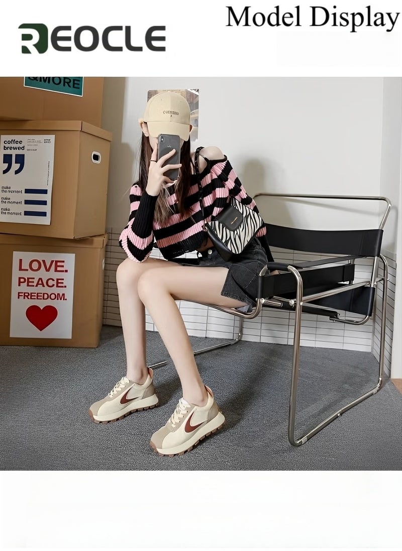 REOCLE Women's Casual Lace-Up Sneakers Cross Trainer Retro Colorblock Faux Suede Splicing Comfortable Non Slip Athletic Walking Shoe - Image 3