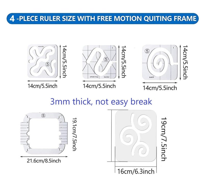 JFTOWN 5 pcs Free Motion Quilting Template Rulers 4pcs Quilting Ruler 3mm with Quilting Frame for Domestic Sewing Machine with Low Shank Ruler add 48pcs Non-Slip Grips (B) - Image 2