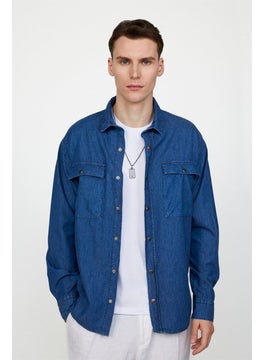 Tudors Relax Fit Comfortable Fit Double Pocket Flap Denim Men's Navy Blue Shirt with Snap Fasteners  - Image 1