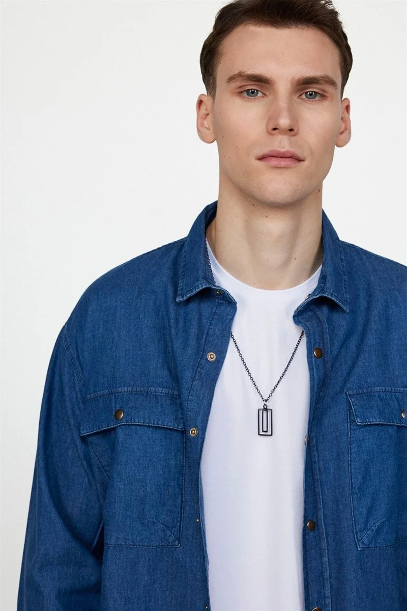 تودورس Relax Fit Comfortable Fit Double Pocket Flap Denim Men's Navy Blue Shirt with Snap Fasteners