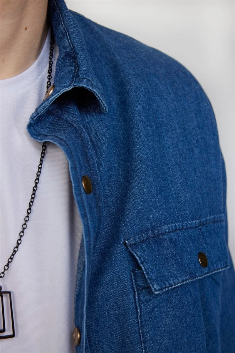 تودورس Relax Fit Comfortable Fit Double Pocket Flap Denim Men's Navy Blue Shirt with Snap Fasteners