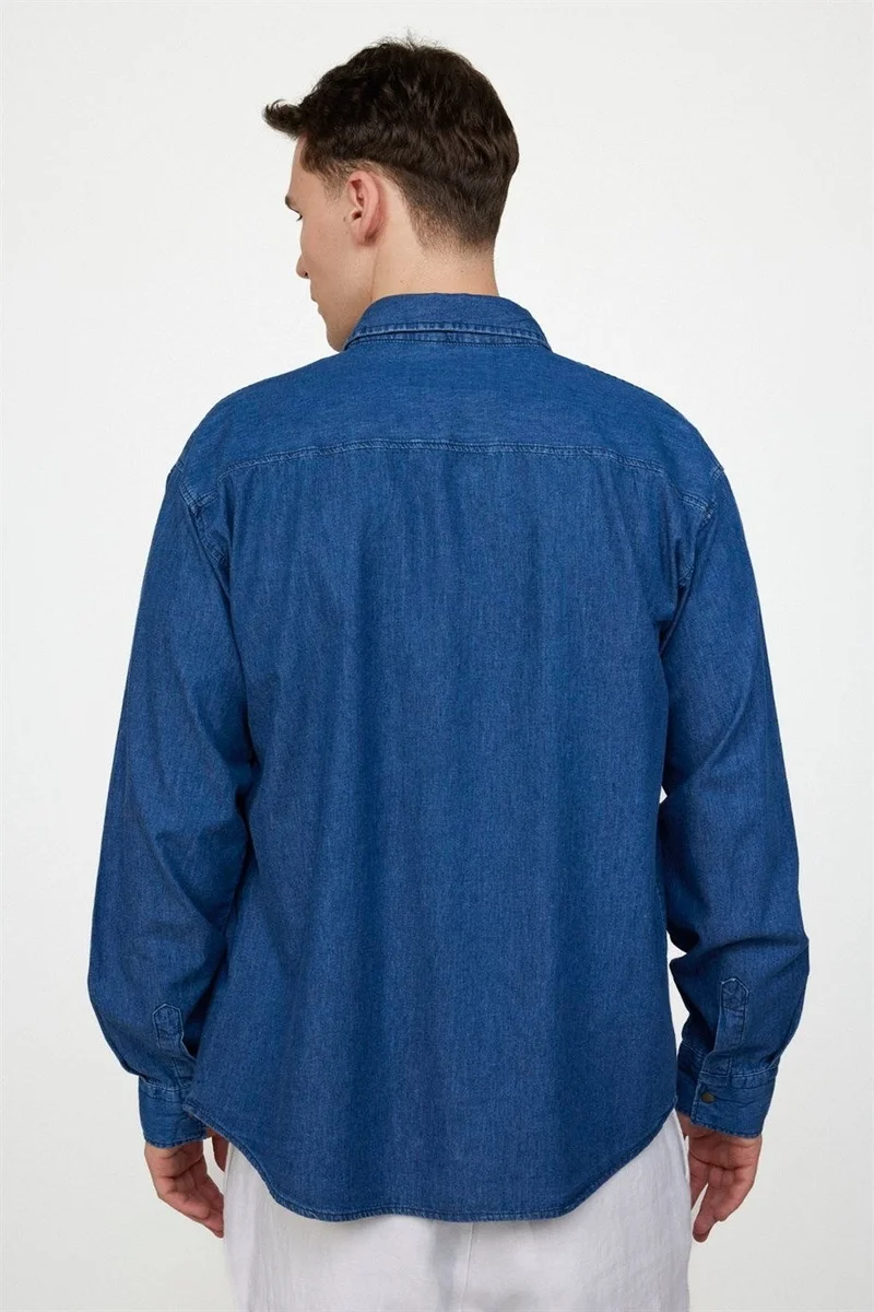 تودورس Relax Fit Comfortable Fit Double Pocket Flap Denim Men's Navy Blue Shirt with Snap Fasteners