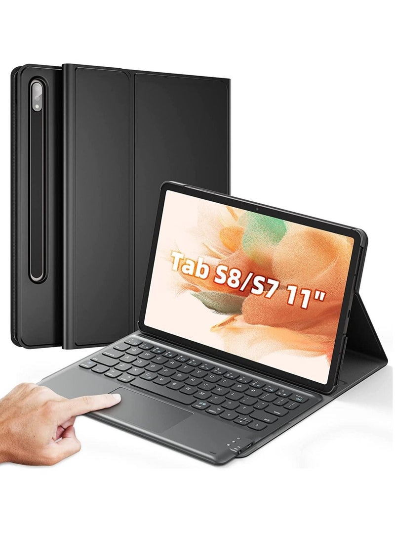 حافظة لوحة مفاتيح Galaxy Tab S8، لوحة لمس مع فتحة قلم S، لجهاز Samsung Galaxy Tab S8 / S7 مقاس 11 بوصة SM-X700 / X706 / T870 / T875 / T878، لوحة مفاتيح بلوتوث قابلة للشحن وقابلة للفصل، غلاف رقيق من PU، أسود - Image 1
