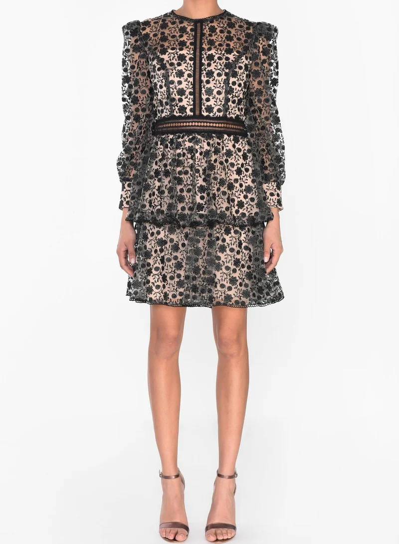 True Decadence Black Nude Embroidered Cut Work Mini-Dress