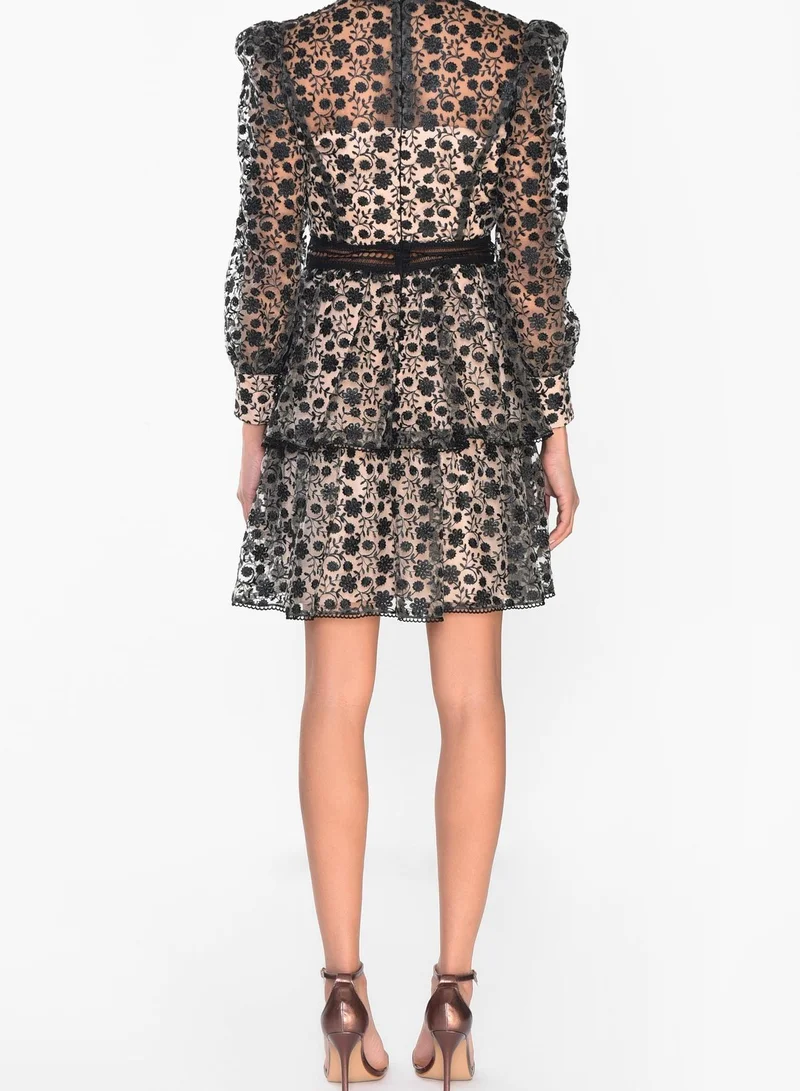 True Decadence Black Nude Embroidered Cut Work Mini-Dress