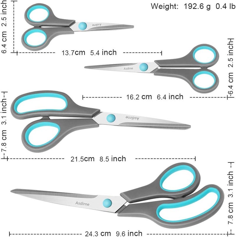 Asdirne Scissors Set of 4, Premium Stainless Steel Razor Blades, Ergonomic Semi-Soft Rubber Grip, Suitable for School, Office and Family Daily Use, 9.6''/8.5''/6.4"/5.4", Blue&Gray - Image 3