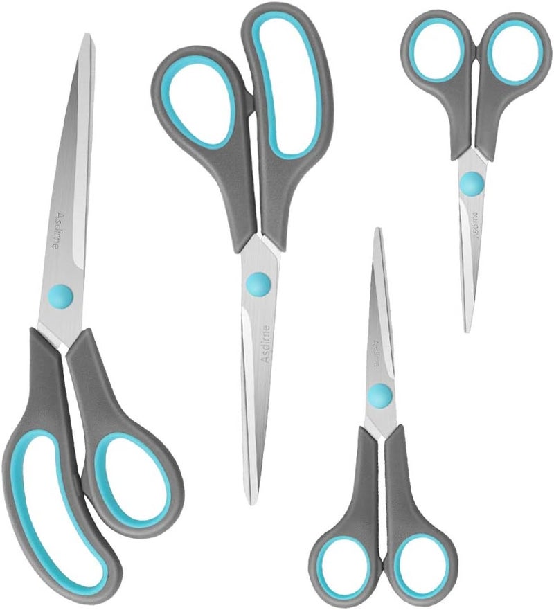 Asdirne Scissors Set of 4, Premium Stainless Steel Razor Blades, Ergonomic Semi-Soft Rubber Grip, Suitable for School, Office and Family Daily Use, 9.6''/8.5''/6.4"/5.4", Blue&Gray - Image 1