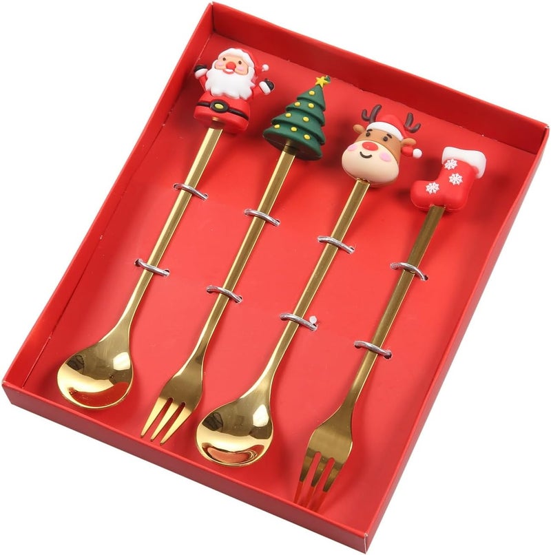 GuoGuo Wu 4Pack Stainless Steel Christmas Coffee Spoon and Xmas Dinner Forks Set Dessert Fruit Ice Cream Iced Tea Spoon Cake Forks  Gifts for Christmas Party Supply - Image 1