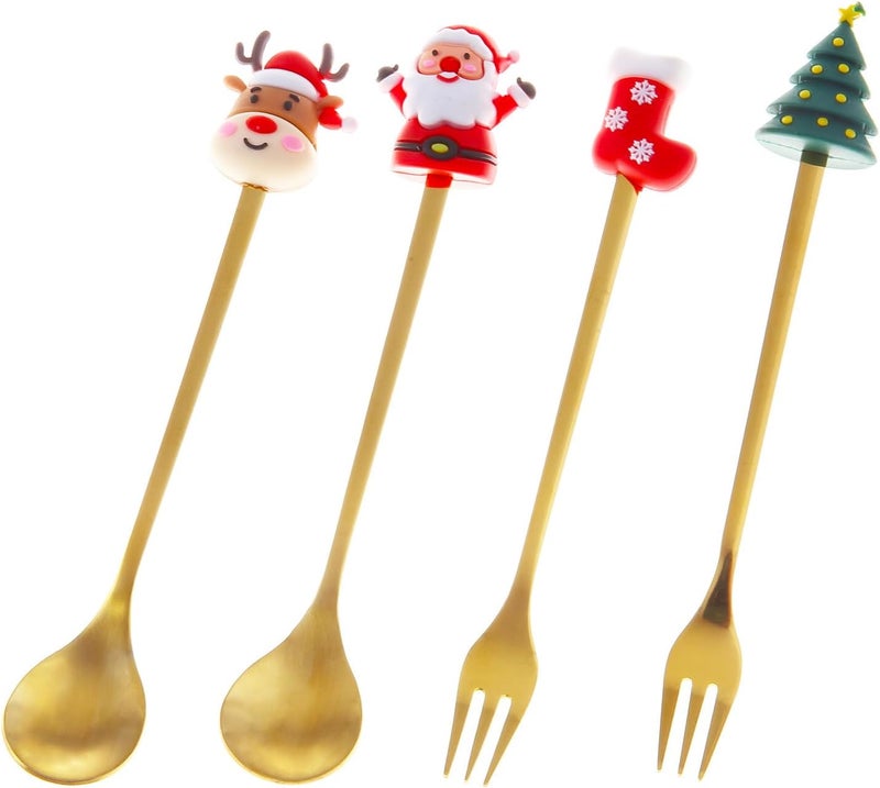 GuoGuo Wu 4Pack Stainless Steel Christmas Coffee Spoon and Xmas Dinner Forks Set Dessert Fruit Ice Cream Iced Tea Spoon Cake Forks  Gifts for Christmas Party Supply - Image 5