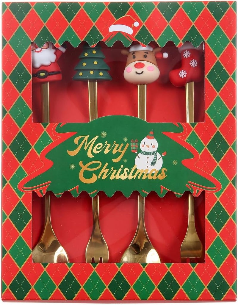 GuoGuo Wu 4Pack Stainless Steel Christmas Coffee Spoon and Xmas Dinner Forks Set Dessert Fruit Ice Cream Iced Tea Spoon Cake Forks  Gifts for Christmas Party Supply - Image 4