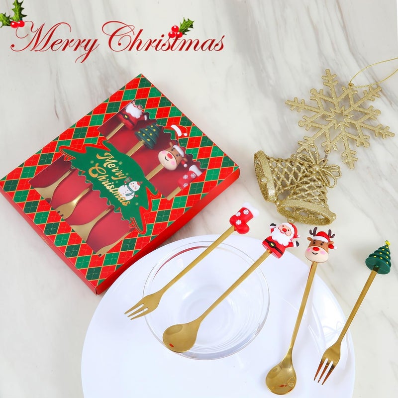 GuoGuo Wu 4Pack Stainless Steel Christmas Coffee Spoon and Xmas Dinner Forks Set Dessert Fruit Ice Cream Iced Tea Spoon Cake Forks  Gifts for Christmas Party Supply - Image 2