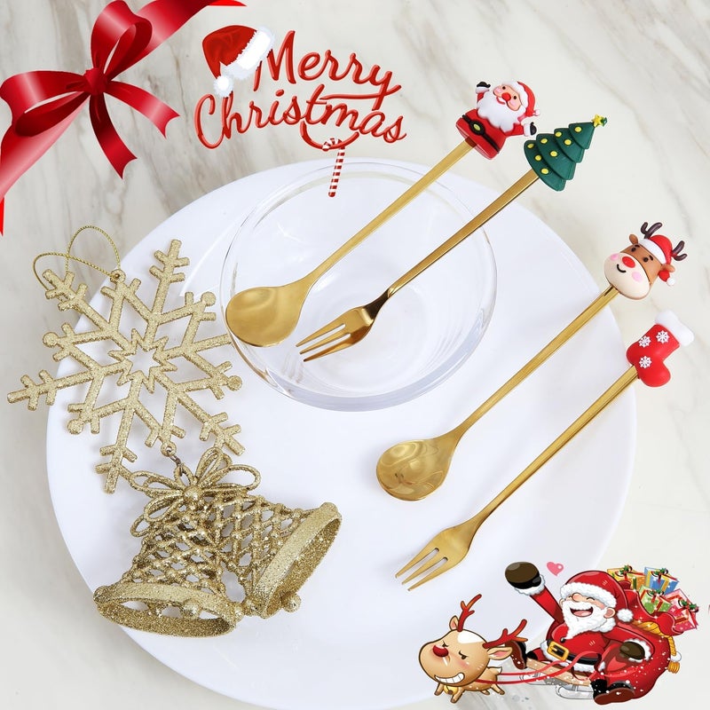 GuoGuo Wu 4Pack Stainless Steel Christmas Coffee Spoon and Xmas Dinner Forks Set Dessert Fruit Ice Cream Iced Tea Spoon Cake Forks  Gifts for Christmas Party Supply - Image 3