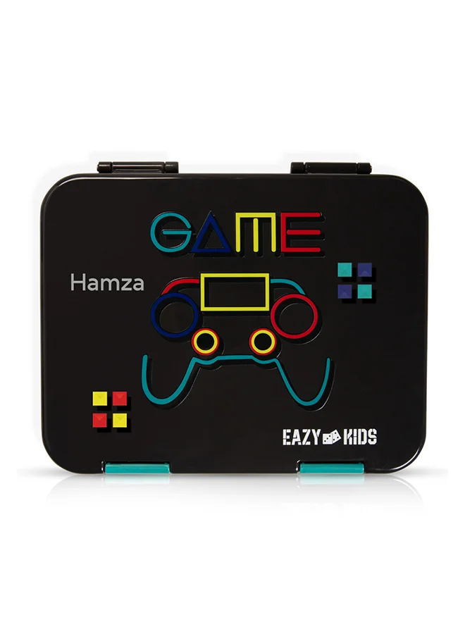 Eazy Kids Eazy Kids - Personalized 6 & 4 Convertible Bento Lunch Box w / Steel Spoon & Fork Set and Alphabets Sticker - Gamer