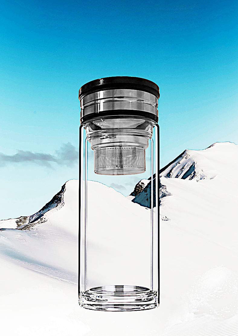 Sun's Tea 18oz Wide Mouth Ultra Clear Spill-proof Strong Double-wall 3-Piece Borrosilicate Glass Tumbler with Strainer and Lid (flat top lid) - Image 1