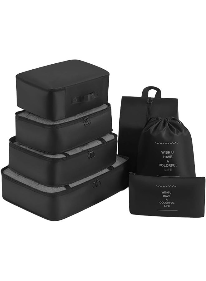 GOGO 7-Piece Packing Cube Set – Lightweight Travel Organizers with Mesh Bags, Drawstring Bag, Shoe Bag, Bra Bag, and Flat Pocket – Travel Essentials, Black - Image 1
