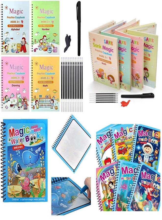 مجموعة دفاتر تدريب سحرية للأطفال في مرحلة ما قبل المدرسة من عمر 3 سنوات فما فوق، كتب رسم ورياضيات للأحرف والأرقام مع قلم مائي، مجموعة أدوات تعليمية للكتابة قابلة لإعادة الاستخدام - Image 1