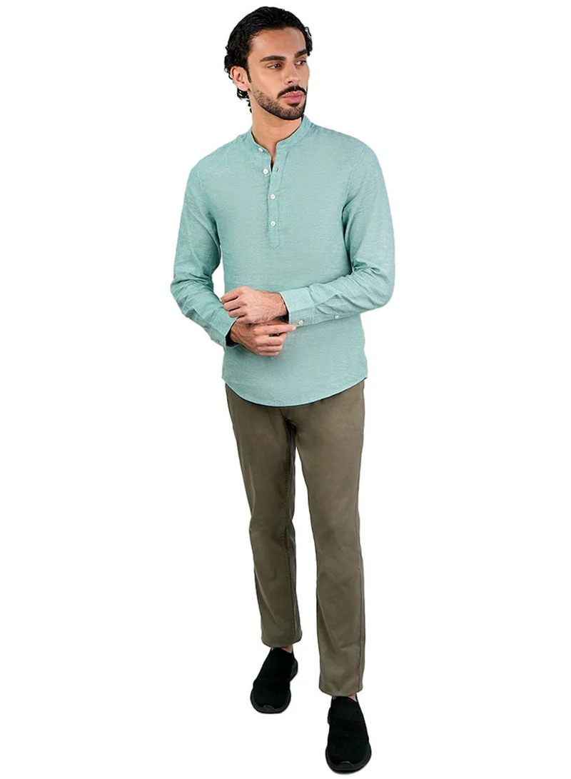 GIORDANO Men's Slim Linen Cotton Band Collar Shirt