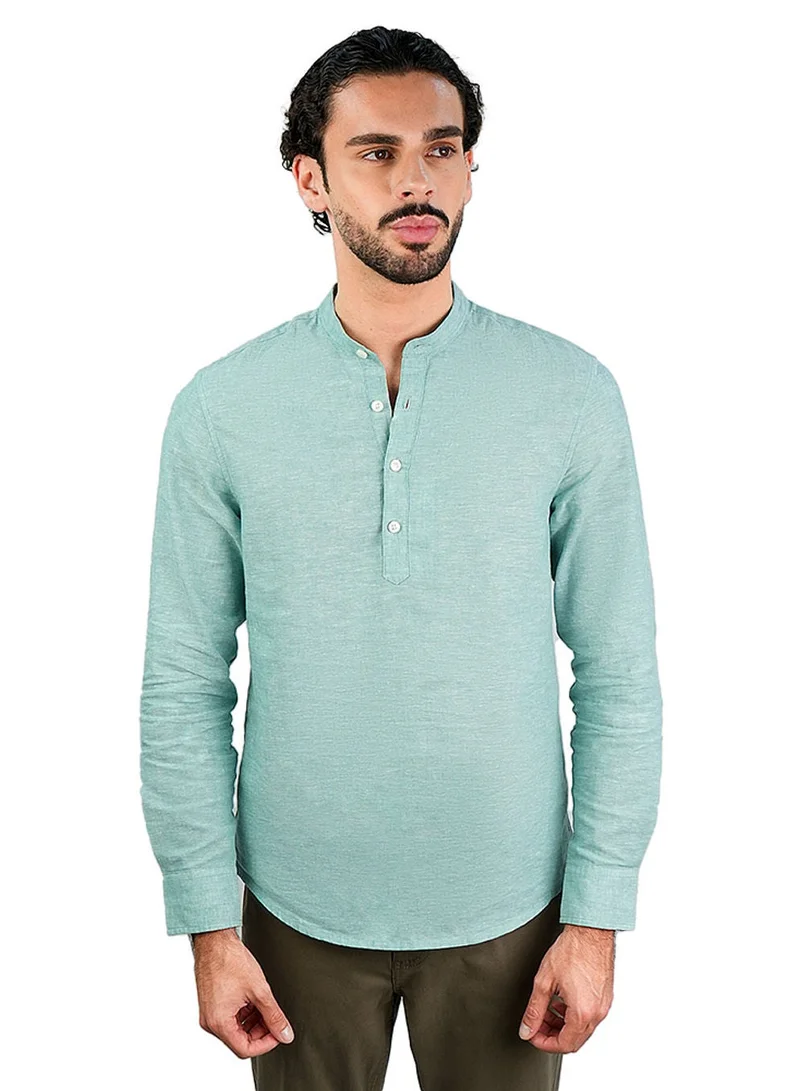 GIORDANO Men's Slim Linen Cotton Band Collar Shirt