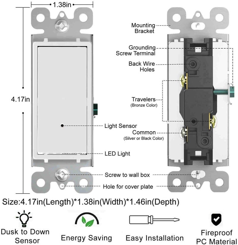SOZULAMP 2 Pack Illuminated 3 Way Light Switch, Three Way Paddle Rocker Light Switch with LED Night Light, Automatic On/Off Sensor, 15Amp 120/277Volt, White - Image 5