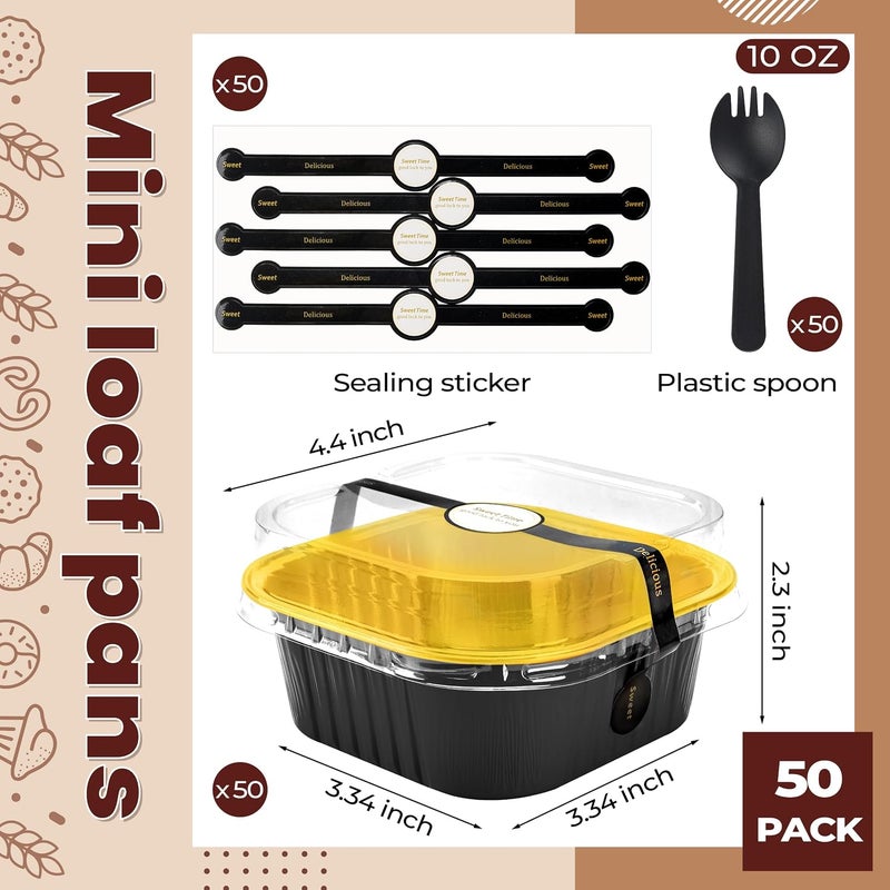 LOKQING 50 Pack Mini Cake Pans with Lids and Spoons Small Aluminum Foil Pans Square Baking Cups Disposable Ramekins Cupcake Liners for Brownie Pie (Black Gold, 10 oz) - Image 3