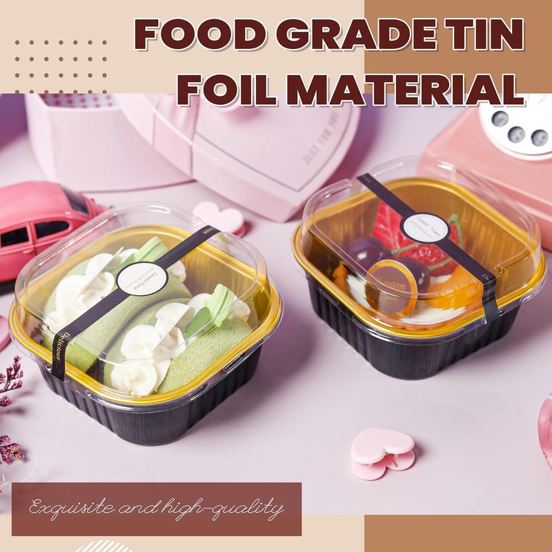 LOKQING 50 Pack Mini Cake Pans with Lids and Spoons Small Aluminum Foil Pans Square Baking Cups Disposable Ramekins Cupcake Liners for Brownie Pie (Black Gold, 10 oz) - Image 4