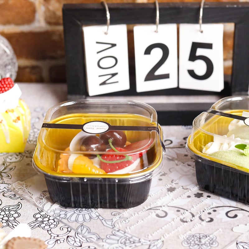 LOKQING 50 Pack Mini Cake Pans with Lids and Spoons Small Aluminum Foil Pans Square Baking Cups Disposable Ramekins Cupcake Liners for Brownie Pie (Black Gold, 10 oz) - Image 2