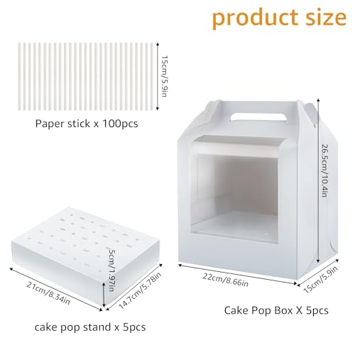 MGWOTH Cake Pop Boxes Packaging with Sticks Set, 5PCS Cakesicle Display Stand with Window, Portable Lollipops Transport Holder with 100Pcs Paper Sticks, Bakery Containers for Babyshower, Party - Image 3