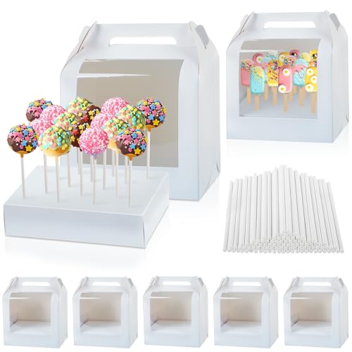 MGWOTH Cake Pop Boxes Packaging with Sticks Set, 5PCS Cakesicle Display Stand with Window, Portable Lollipops Transport Holder with 100Pcs Paper Sticks, Bakery Containers for Babyshower, Party - Image 1