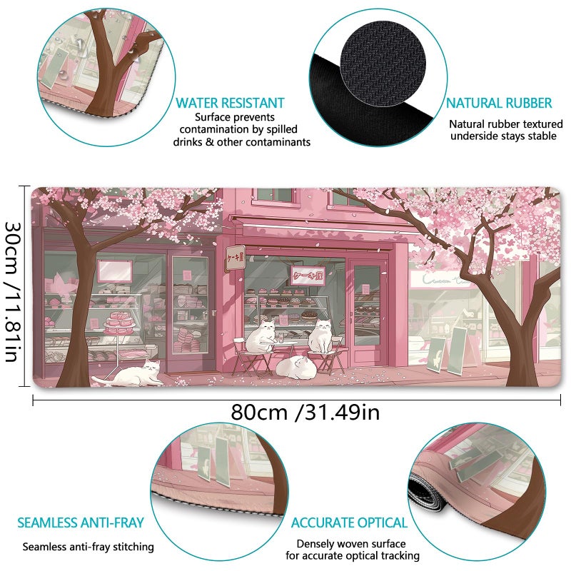 LIMKRIAN Cat Mouse Pad Large Desk Mat, Pink Cherry Blossom Computer Mousepad with Stitched Edges Non-Slip, Keyboard Mouse Pad for Desktop Cute Office Desk Accessories Japanese Dessert House 31.5in - Image 3