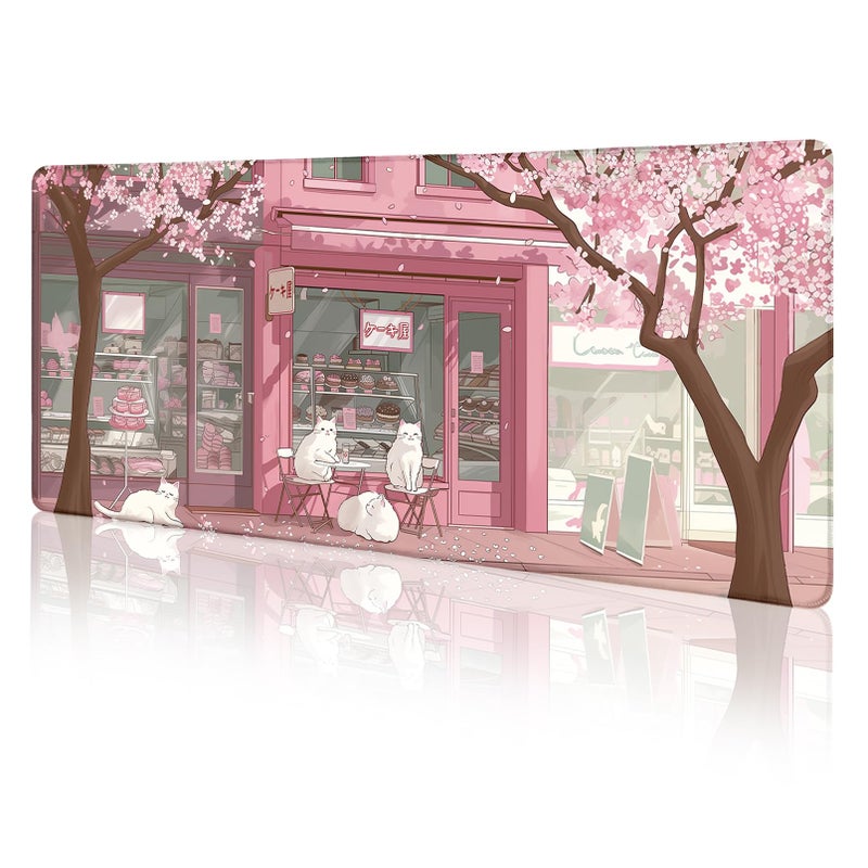 LIMKRIAN Cat Mouse Pad Large Desk Mat, Pink Cherry Blossom Computer Mousepad with Stitched Edges Non-Slip, Keyboard Mouse Pad for Desktop Cute Office Desk Accessories Japanese Dessert House 31.5in - Image 1