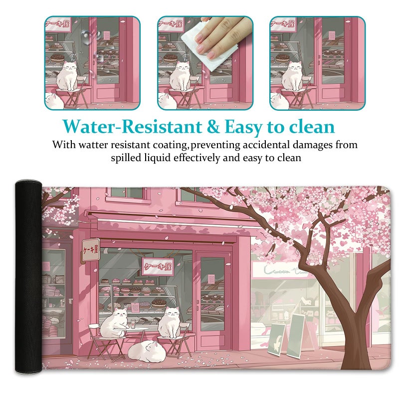 LIMKRIAN Cat Mouse Pad Large Desk Mat, Pink Cherry Blossom Computer Mousepad with Stitched Edges Non-Slip, Keyboard Mouse Pad for Desktop Cute Office Desk Accessories Japanese Dessert House 31.5in - Image 4