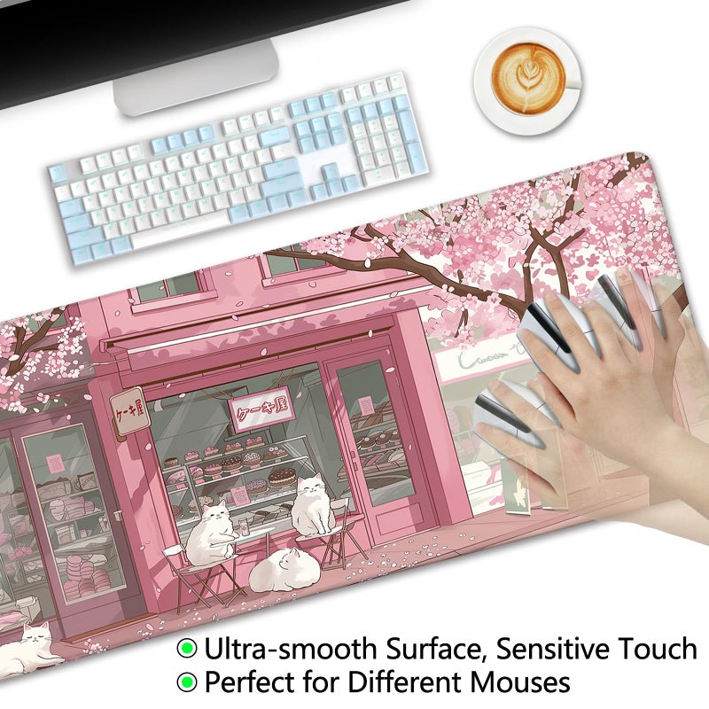 LIMKRIAN Cat Mouse Pad Large Desk Mat, Pink Cherry Blossom Computer Mousepad with Stitched Edges Non-Slip, Keyboard Mouse Pad for Desktop Cute Office Desk Accessories Japanese Dessert House 31.5in - Image 5