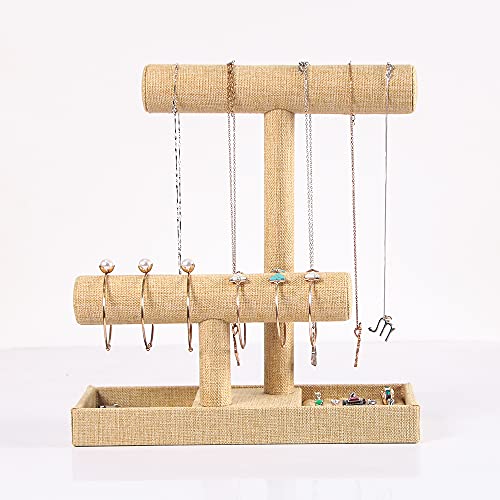 Coward 2 Tier Necklace Bracelet Holder Organizer With ring Tray, Linen Jewelry Display Stand for Watch Scrunchie Lipstick, Perfumes,Nail polish (Yellow Linen) - Image 2