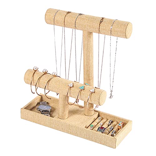 Coward 2 Tier Necklace Bracelet Holder Organizer With ring Tray, Linen Jewelry Display Stand for Watch Scrunchie Lipstick, Perfumes,Nail polish (Yellow Linen) - Image 1
