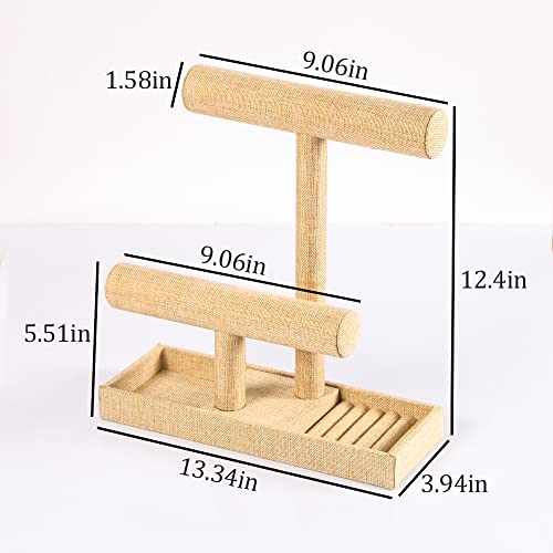 Coward 2 Tier Necklace Bracelet Holder Organizer With ring Tray, Linen Jewelry Display Stand for Watch Scrunchie Lipstick, Perfumes,Nail polish (Yellow Linen) - Image 5