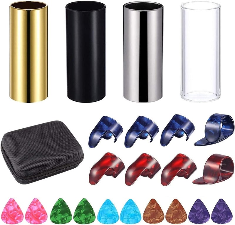 Topus 4 Pieces Medium Guitar Slide (3 Colors Steel Glides, 1 Pieces Glass Slide), Guitar Accessories Kit Include 10 Pieces Guitar Picks and 8 Pieces Plastic Thumb & Finger Picks in Storage Box - Image 1