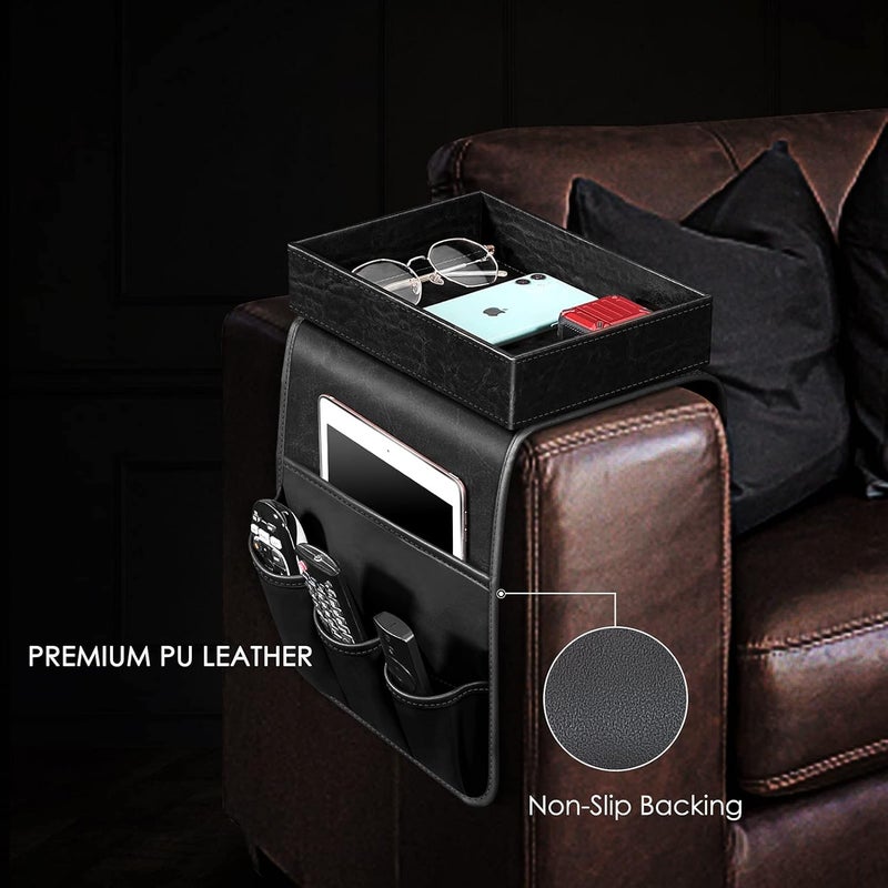 SITHON Sofa Remote Control Holder with Detachable Tray - [Non Slip] PU Leather Chair Couch Armrest Organizer Caddy with 5 Pockets for Magazines Phone iPad TV Remote Game Controller Eyeglasses (*Black) - Image 3