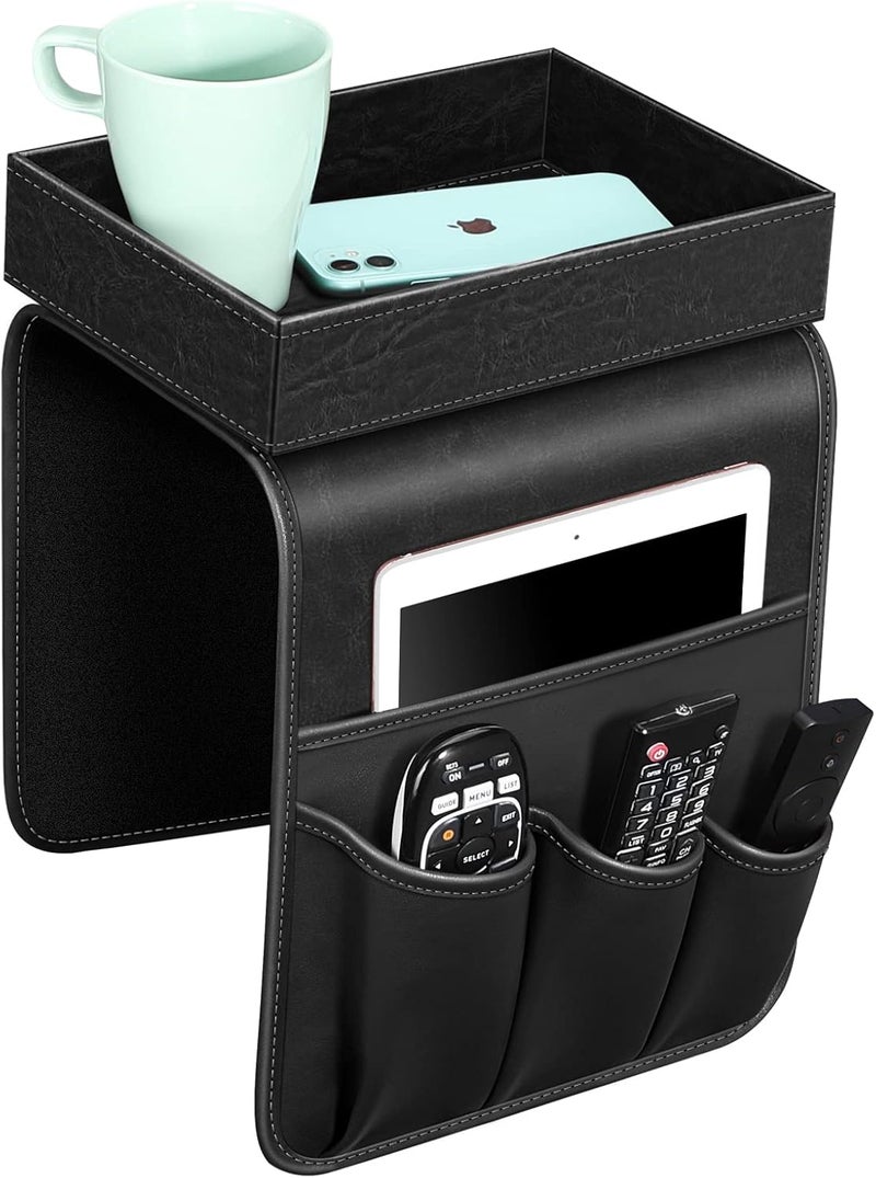 SITHON Sofa Remote Control Holder with Detachable Tray - [Non Slip] PU Leather Chair Couch Armrest Organizer Caddy with 5 Pockets for Magazines Phone iPad TV Remote Game Controller Eyeglasses (*Black) - Image 1