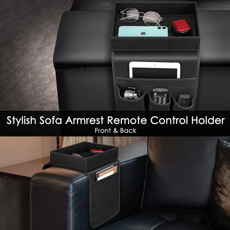SITHON Sofa Remote Control Holder with Detachable Tray - [Non Slip] PU Leather Chair Couch Armrest Organizer Caddy with 5 Pockets for Magazines Phone iPad TV Remote Game Controller Eyeglasses (*Black) - Image 5