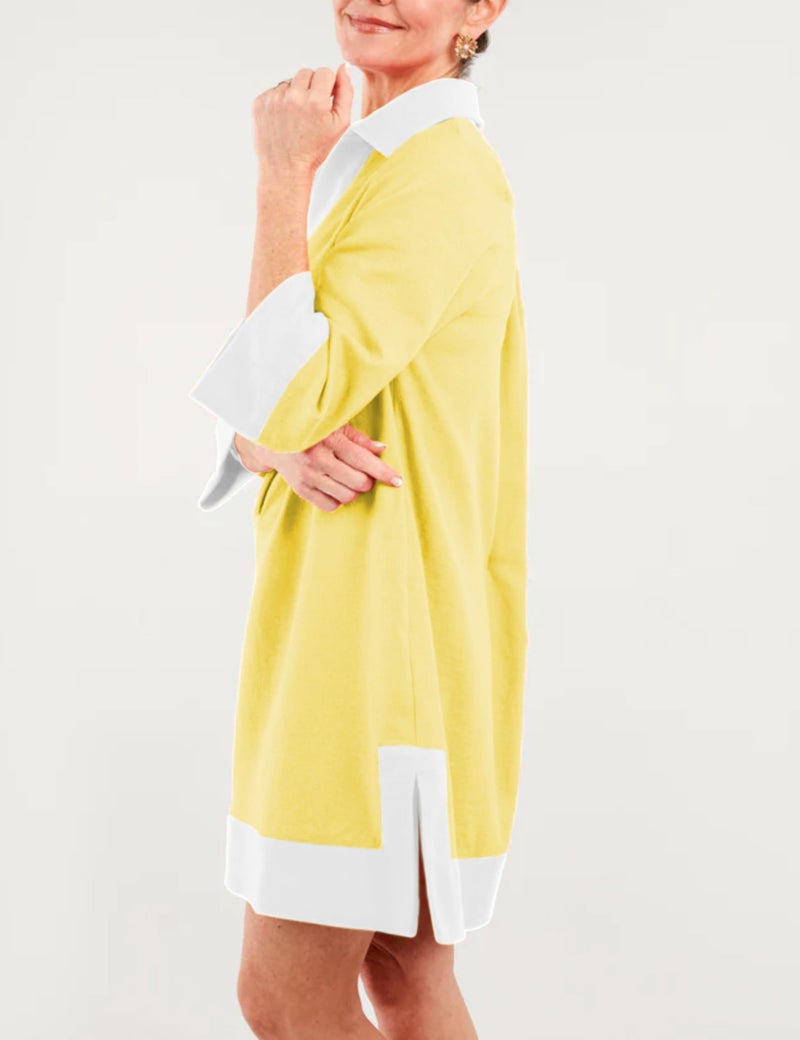 Omoone 2025 Swimsuit Coverup for Women Color Block Summer Beach Dresses V Neck Mini Linen Dress Shirts with Pockets(4225-Yellow-S) - Image 4