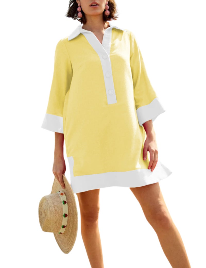 Omoone 2025 Swimsuit Coverup for Women Color Block Summer Beach Dresses V Neck Mini Linen Dress Shirts with Pockets(4225-Yellow-S) - Image 1