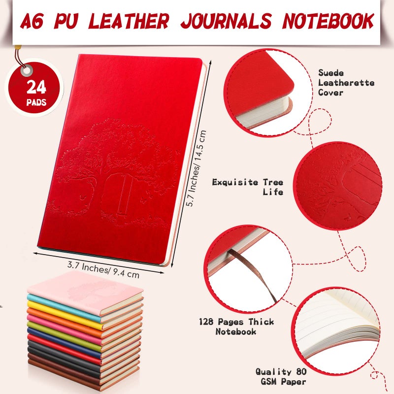 TaoBary 24 Pcs PU Leather Journals Notebook Bulk Colorful Tree Life Lined Journal Notebook Soft PU Leather Cover Ruled Writing Notebook for Writing Office School Home Business 128 Pages, A6 (Vintage Color) - Image 2