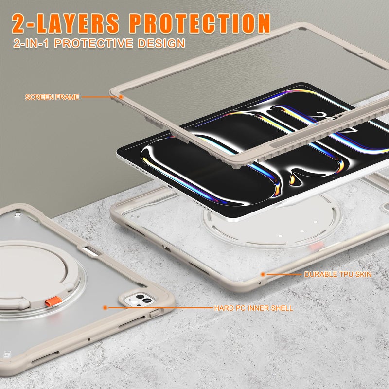 Batianda for iPad Pro 13 inch Case 2025 M5 2024 M4 Chip Lightweight Dual-Layer Protective Tablet Cover, Durable Shock-Absorbing Corners with 360Â° Rotating Kickstand Ring Built-in Pen Slot, Khaki - Image 3